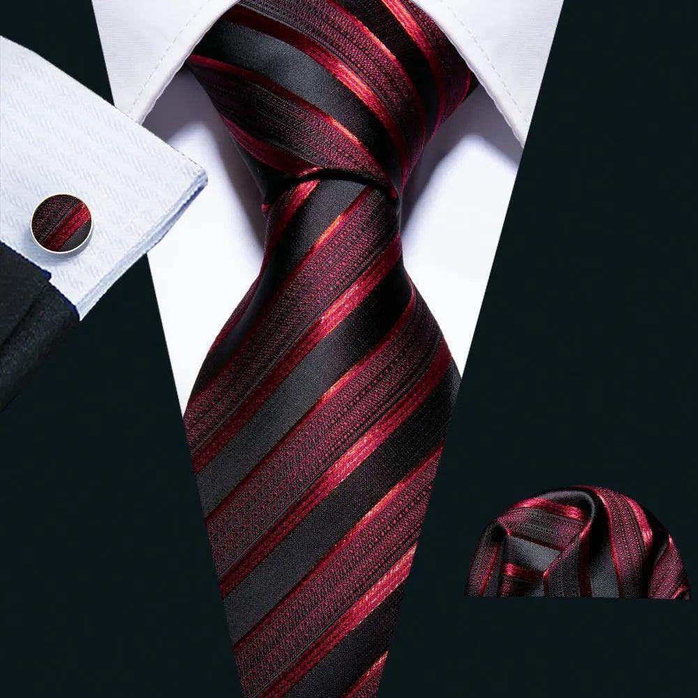 Stylish black and burgundy fashionable silk tie sets with matching pocket square for men