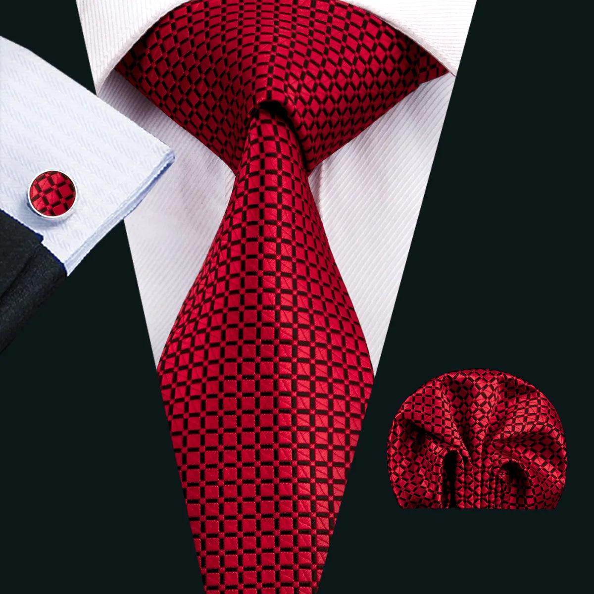 Fashionable silk tie sets in deep red featuring a textured design with matching pocket square