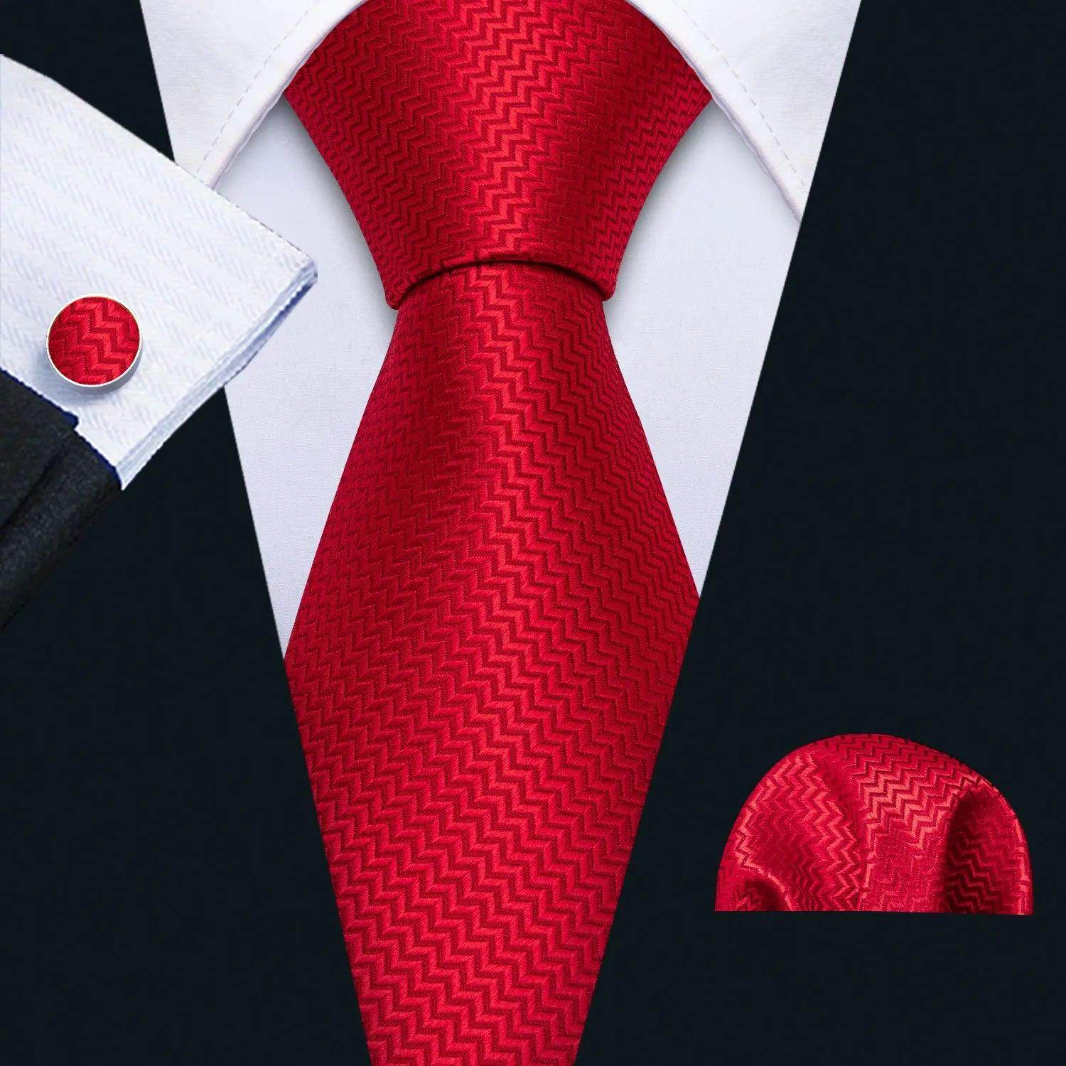 VacationGrabs fashionable silk tie sets in red with matching pocket square and cufflinks