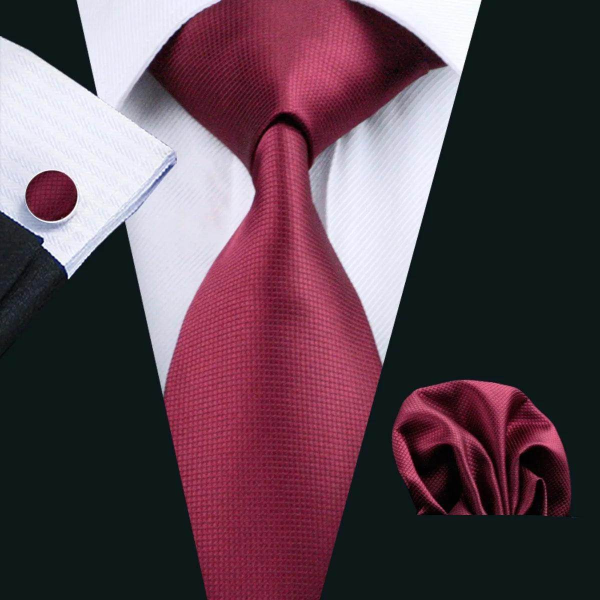 Fashionable silk tie sets in burgundy with matching pocket square and cufflinks for men