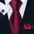 Elegant men's fashionable silk tie sets in burgundy with matching pocket square and cufflinks