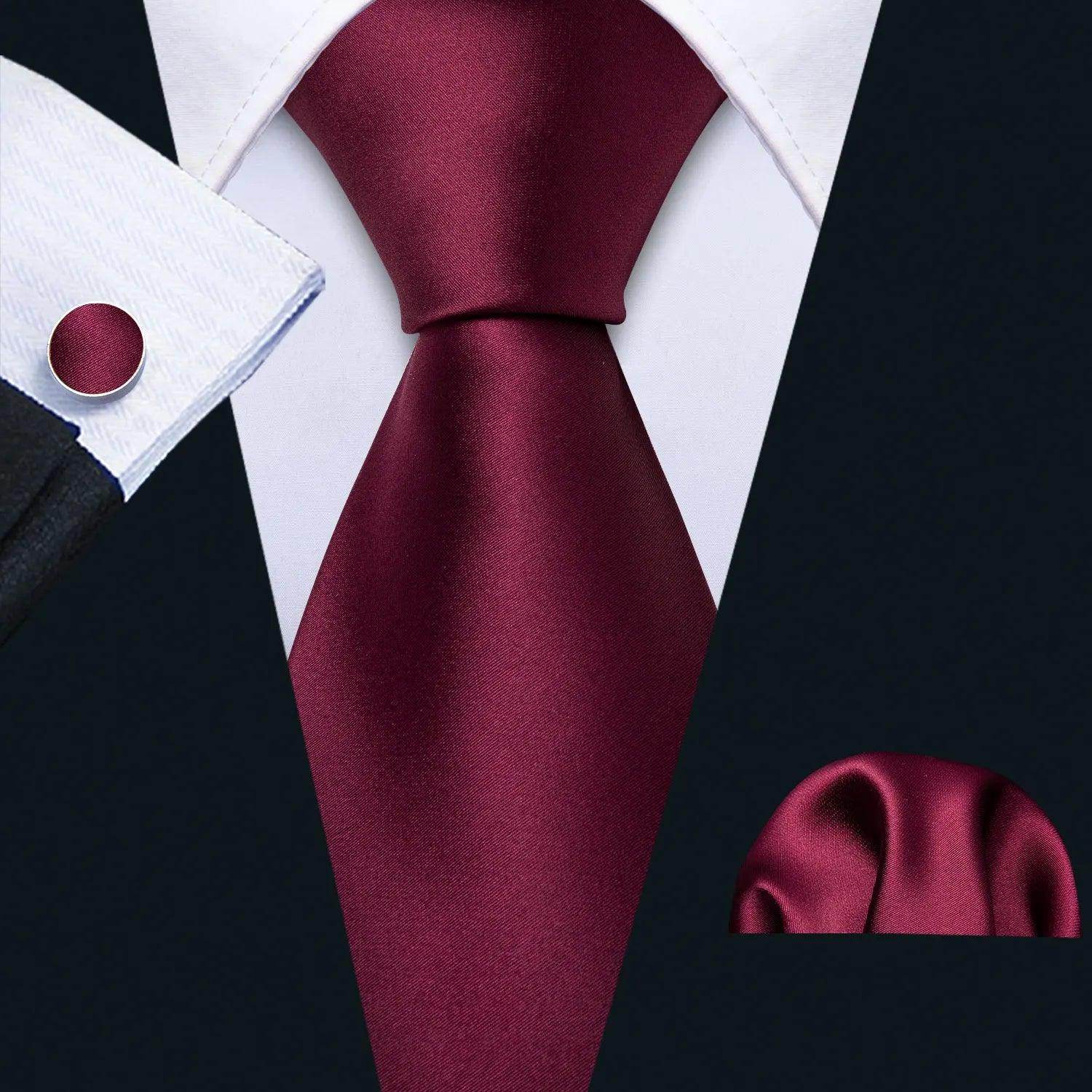Elegant men's fashionable silk tie sets in burgundy with matching pocket square and cufflinks