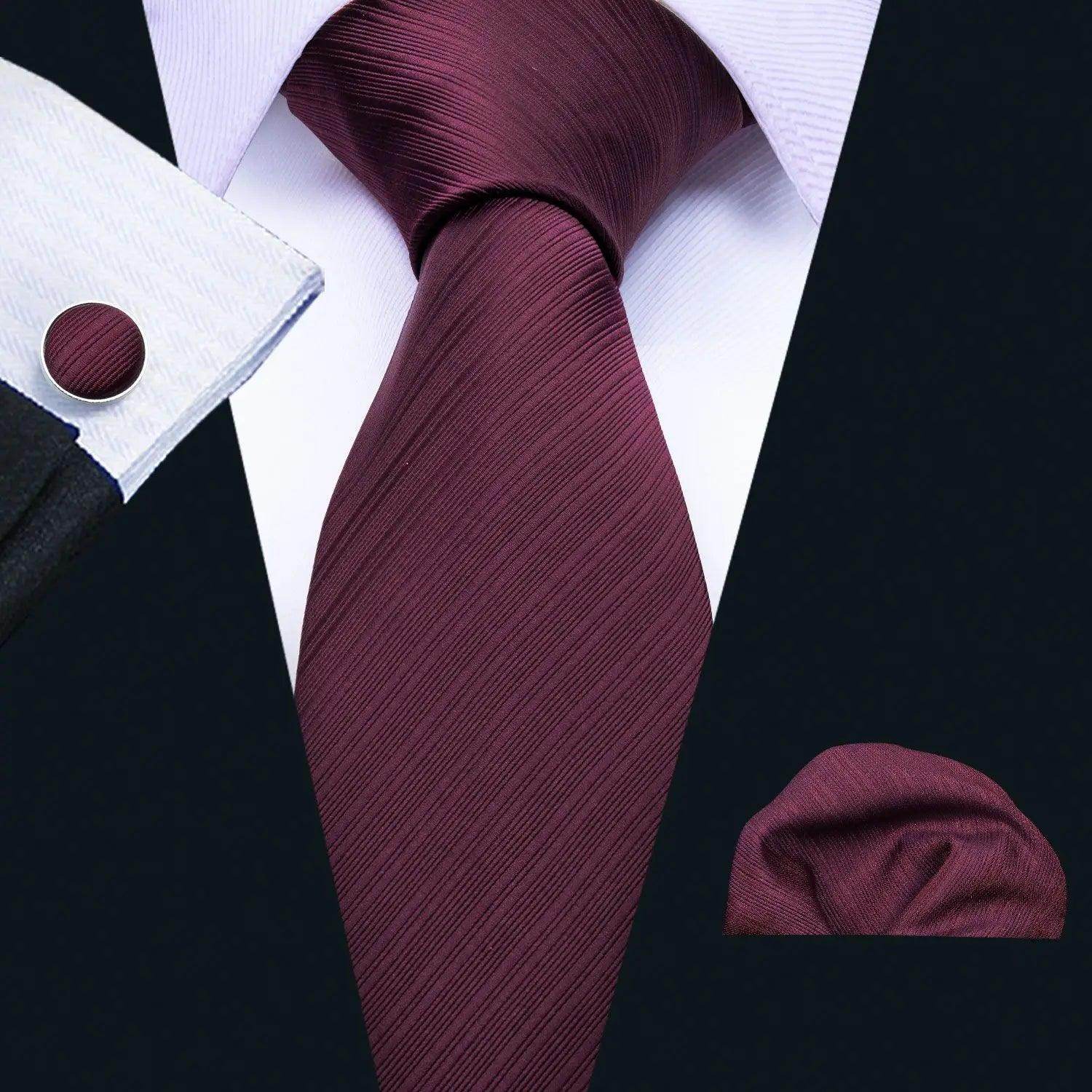 Burgundy fashionable silk tie sets with matching pocket square for stylish men's accessories