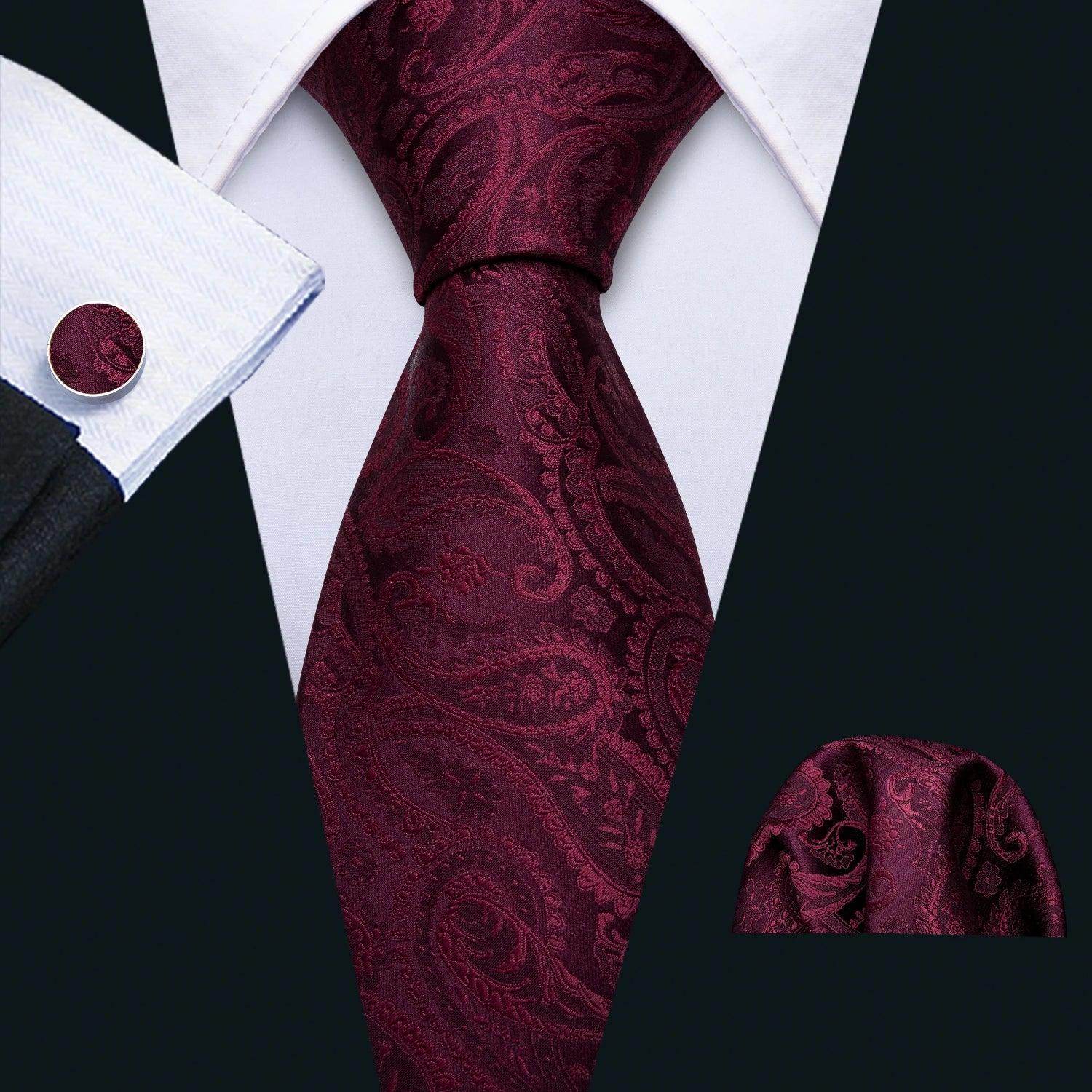 Elegant burgundy fashionable silk tie sets with matching pocket square and cufflinks for men's accessories