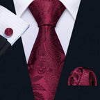 Stylish fashionable silk tie sets in burgundy with matching pocket square for formal occasions