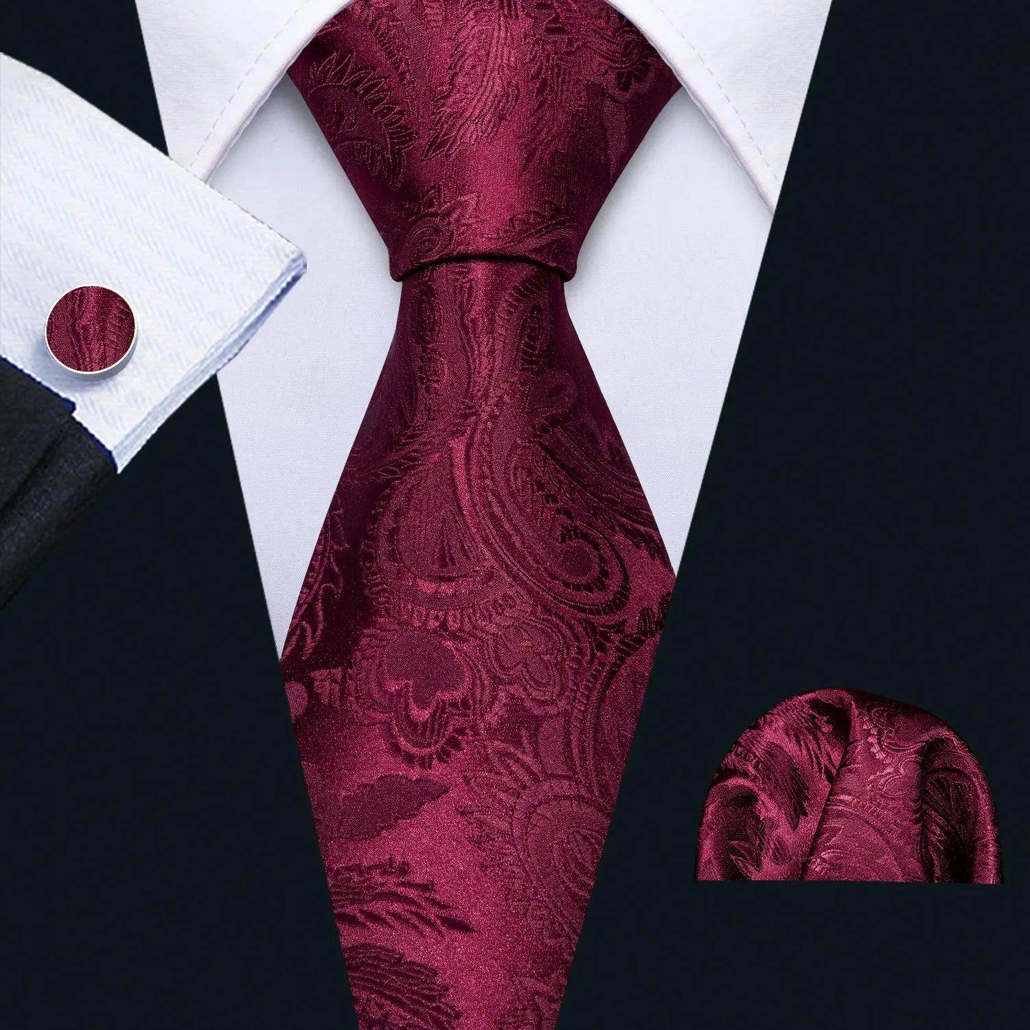 Stylish fashionable silk tie sets in burgundy with matching pocket square for formal occasions