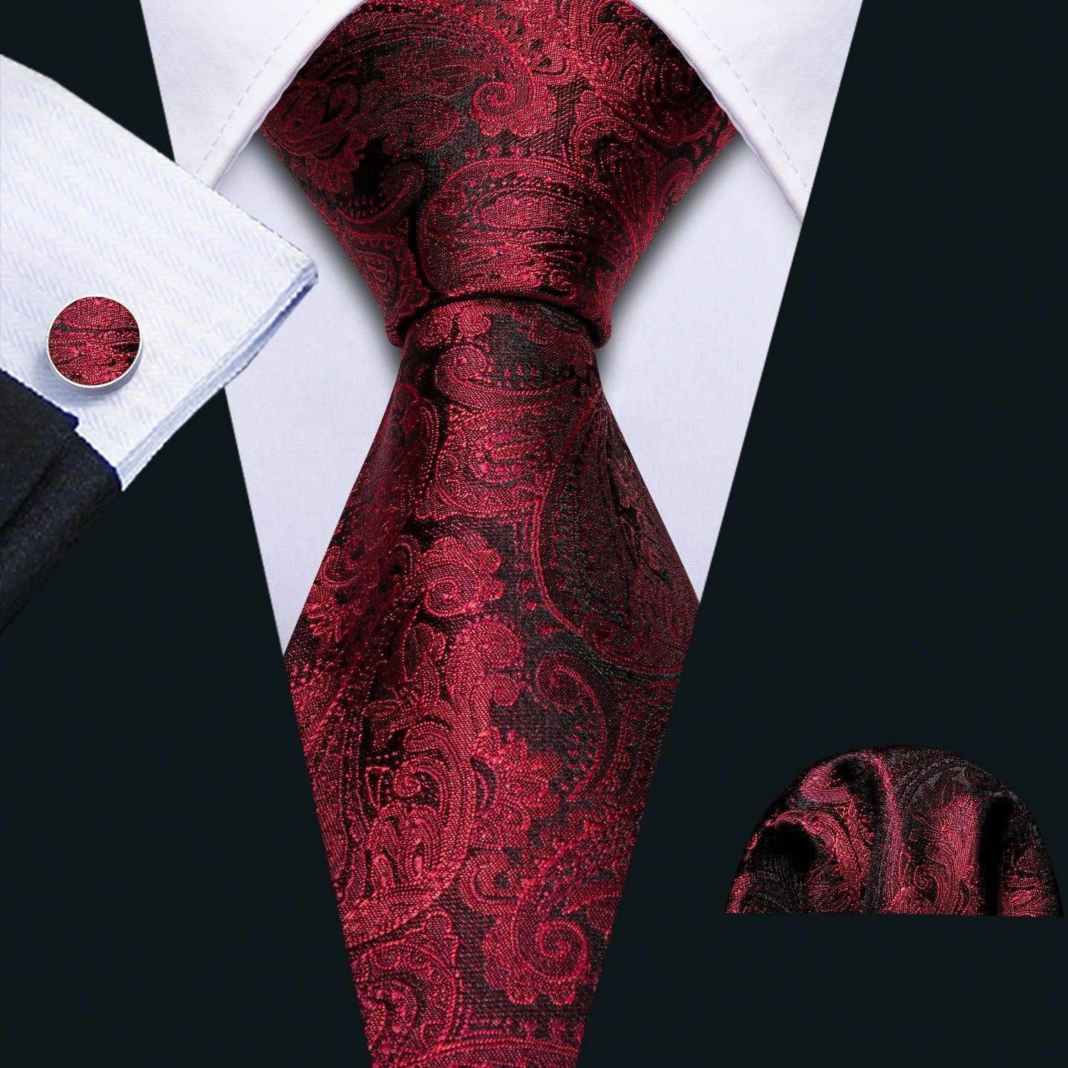 Elegant burgundy fashionable silk tie sets with matching pocket square and cufflinks