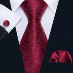 Burgundy fashionable silk tie sets with matching pocket square and stylish cufflinks for men's formal wear