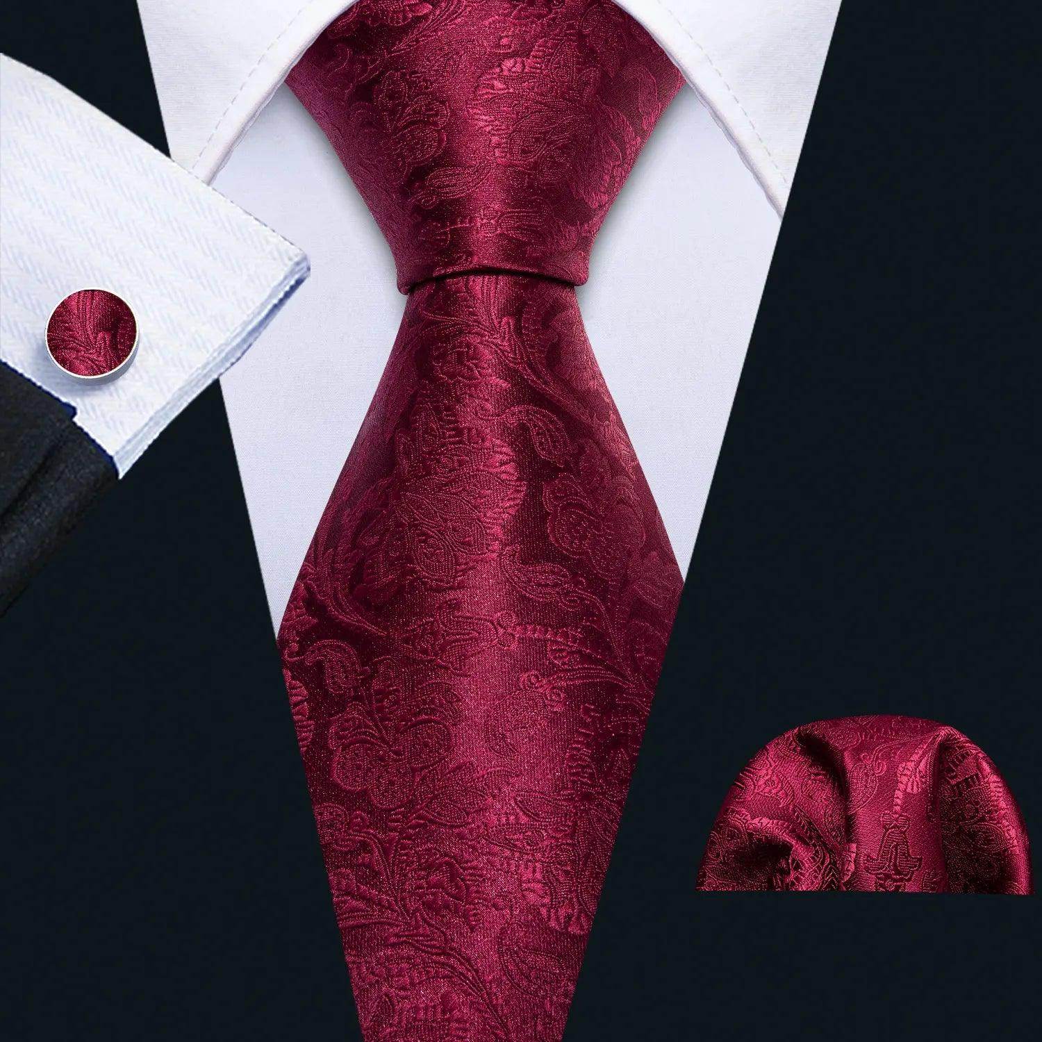 Burgundy fashionable silk tie sets with matching pocket square and stylish cufflinks for men's formal wear