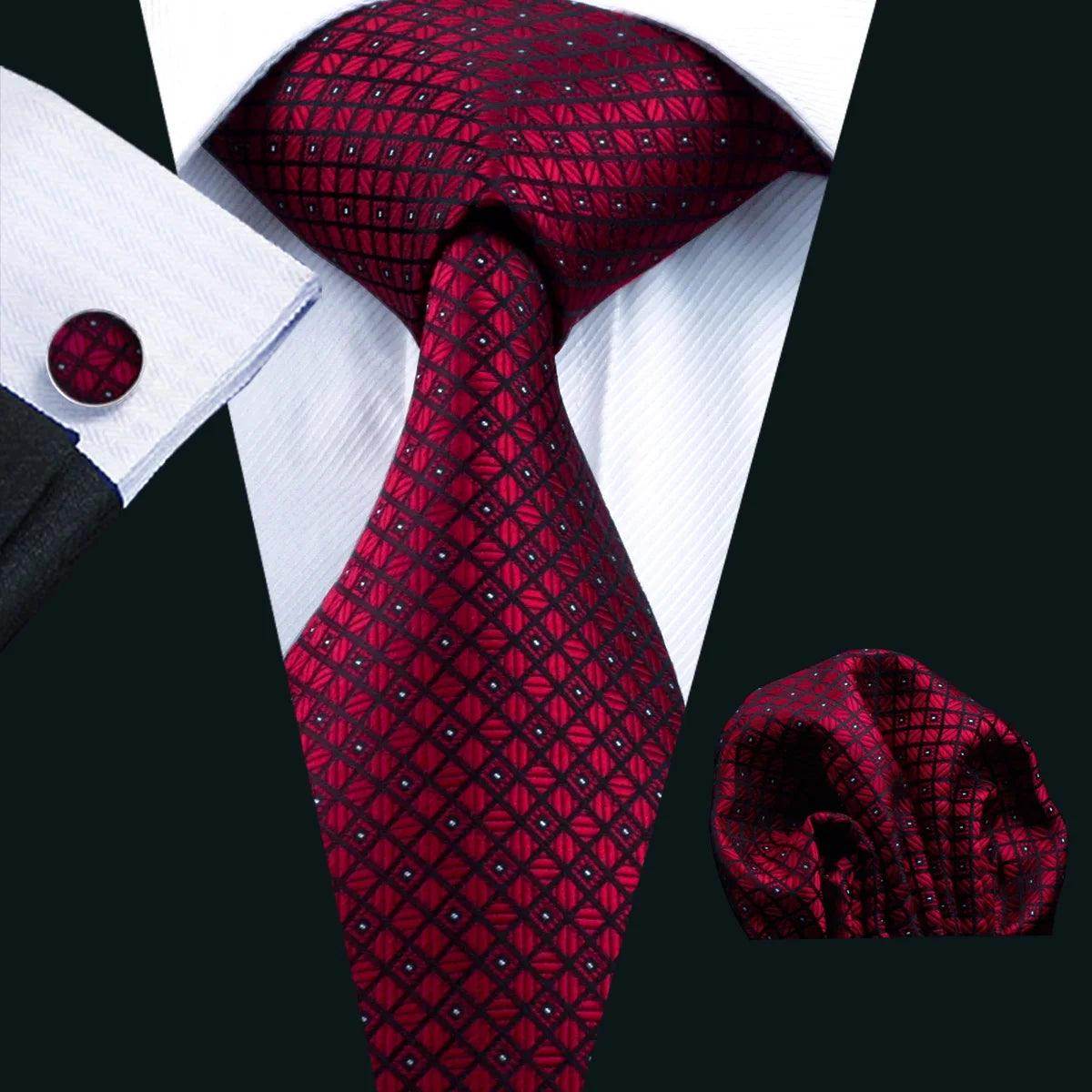 Stylish red patterned fashionable silk tie sets with matching pocket square for men