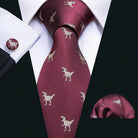Fashionable silk tie sets in burgundy with dinosaur pattern, including tie and pocket square