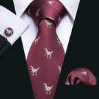 Fashionable silk tie sets in burgundy with dinosaur pattern, including tie and pocket square