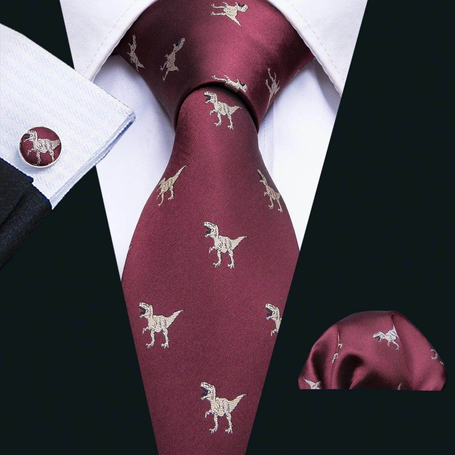 Fashionable silk tie sets in burgundy with dinosaur pattern, including tie and pocket square