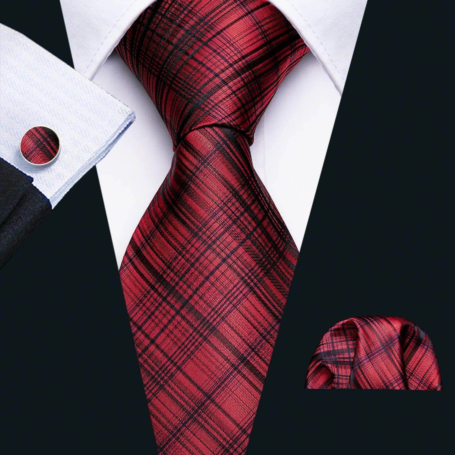 Stylish red plaid fashionable silk tie sets with matching pocket square for men's formal wear