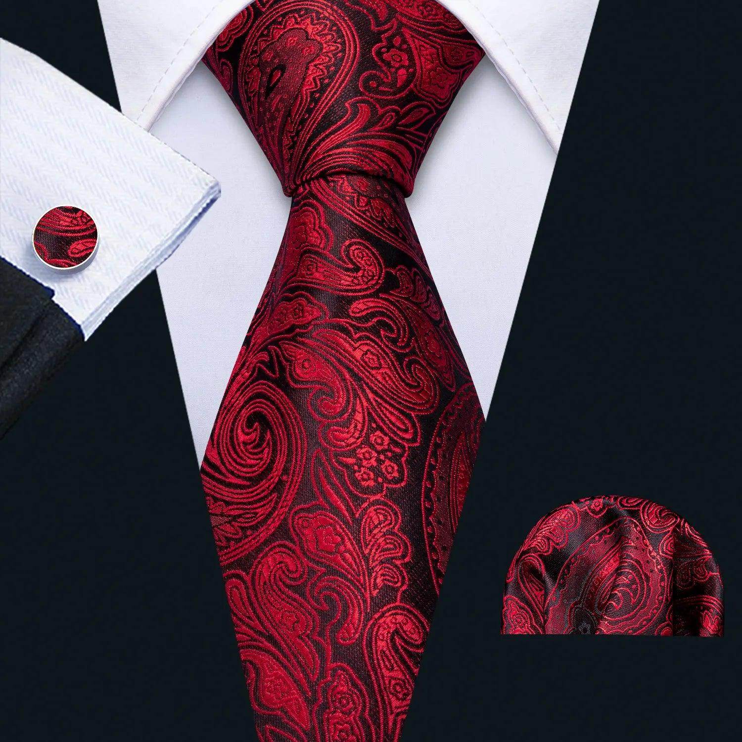 Fashionable silk tie sets in red paisley design with matching pocket square for men
