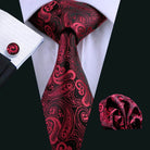 Fashionable silk tie sets with a red paisley pattern and matching pocket square for men's formal wear