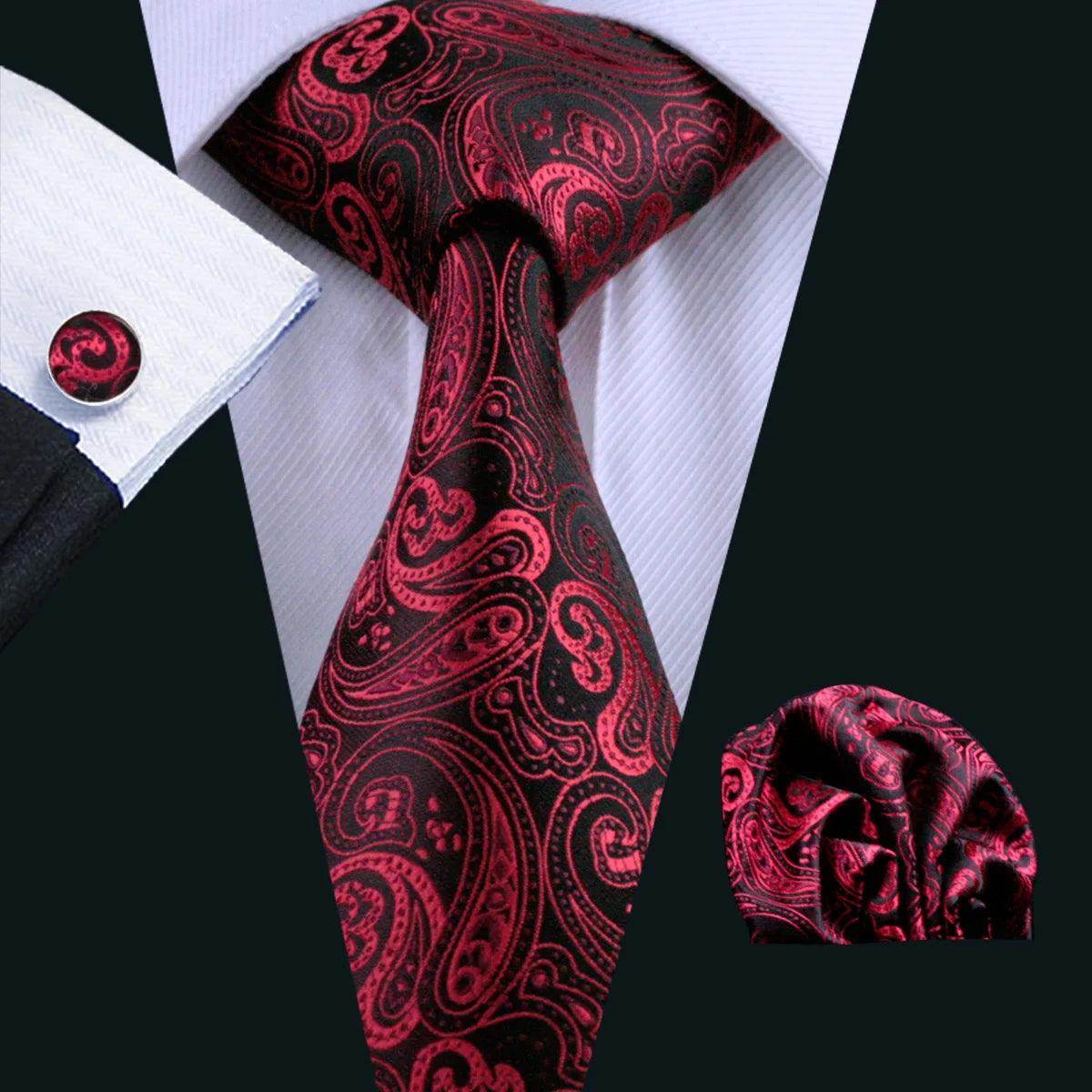 Fashionable silk tie sets with a red paisley pattern and matching pocket square for men's formal wear