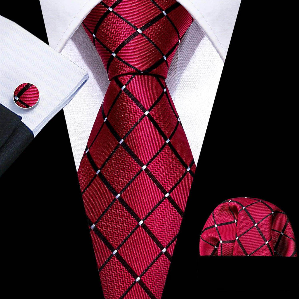 Fashionable silk tie sets in red with black diamond pattern, matching cufflinks and pocket square