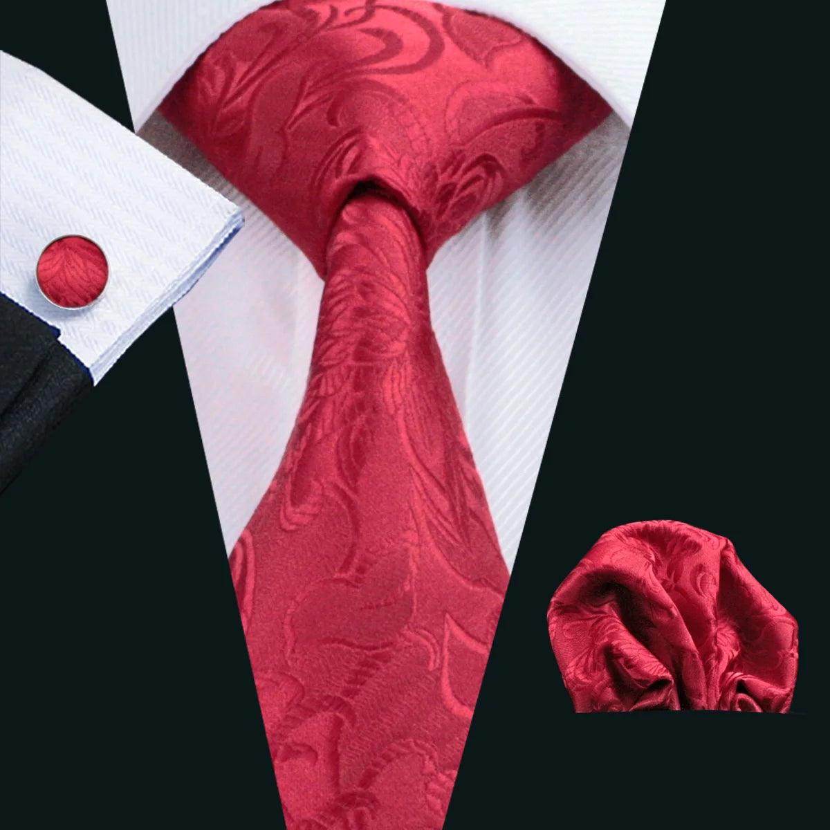 Elegant red fashionable silk tie sets with matching pocket square and cufflinks for men