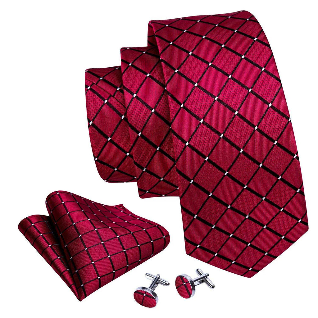 Fashionable silk tie sets in red with diamond patterns and matching cufflinks for Men