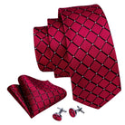 Fashionable silk tie sets in red with diamond patterns and matching cufflinks for Men