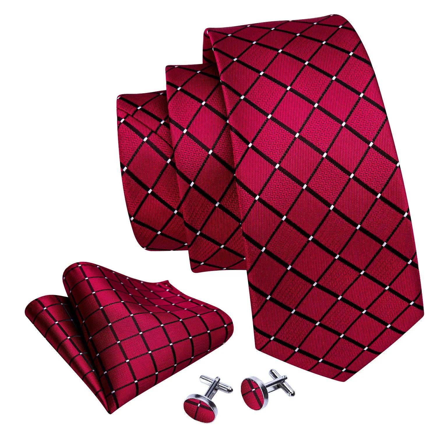 Fashionable silk tie sets in red with diamond patterns and matching cufflinks for Men