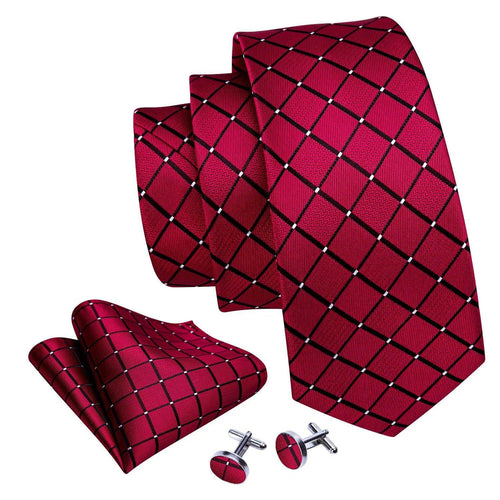 Fashionable silk tie sets in red with diamond patterns and matching cufflinks for Men