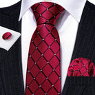 Fashionable silk tie sets in red with a matching pocket square and cufflink for stylish men's accessorizing