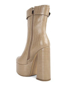 Stylish Rag Company fashionable vacation boots in beige with a crocodile texture and high block heels
