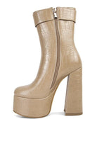 Rag Company fashionable vacation boots in beige with a stylish crocodile texture and high block heel