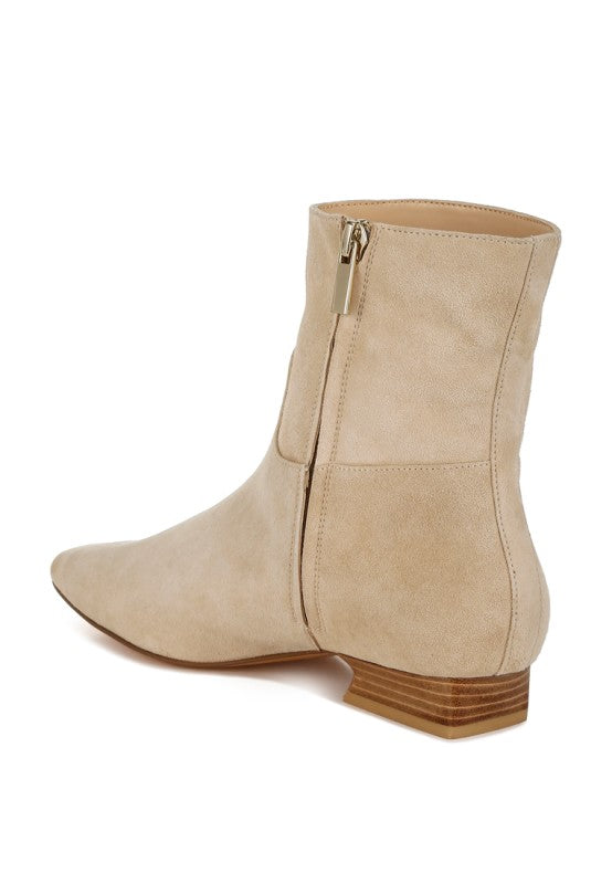 Rag Company fashionable vacation boots in beige suede with side zipper and low heel design
