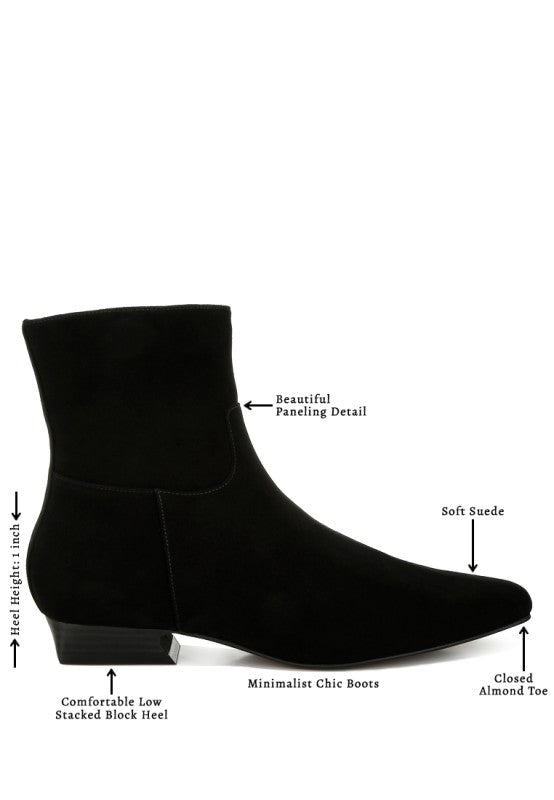 Rag Company fashionable vacation boots in soft suede with a closed almond toe and low block heel
