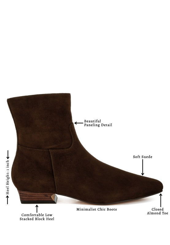 Rag Company fashionable vacation boots in brown suede with minimalist design and stacked block heel