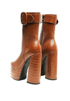 Stylish Rag Company fashionable vacation boots in brown crocodile print with chunky heels