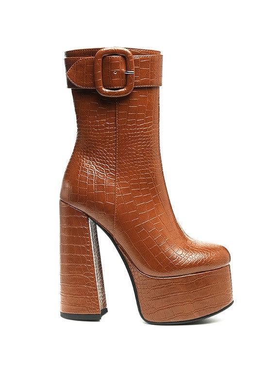 Stylish Rag Company fashionable vacation boots in brown crocodile texture with high platform heels