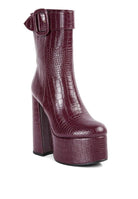 Rag Company fashionable vacation boots in burgundy croc texture with a chunky heel and buckle detail