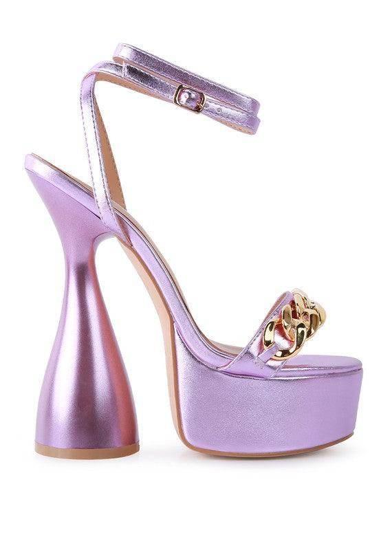 Rag Company fashionable vacation sandals in purple with a stylish chunky heel and gold accents