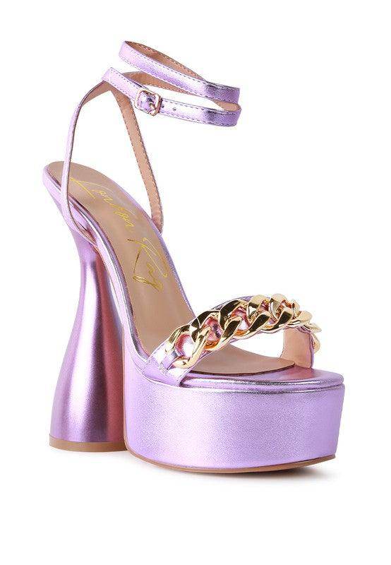 Stylish Rag Company fashionable vacation sandals with chunky heel and chain detail in lavender