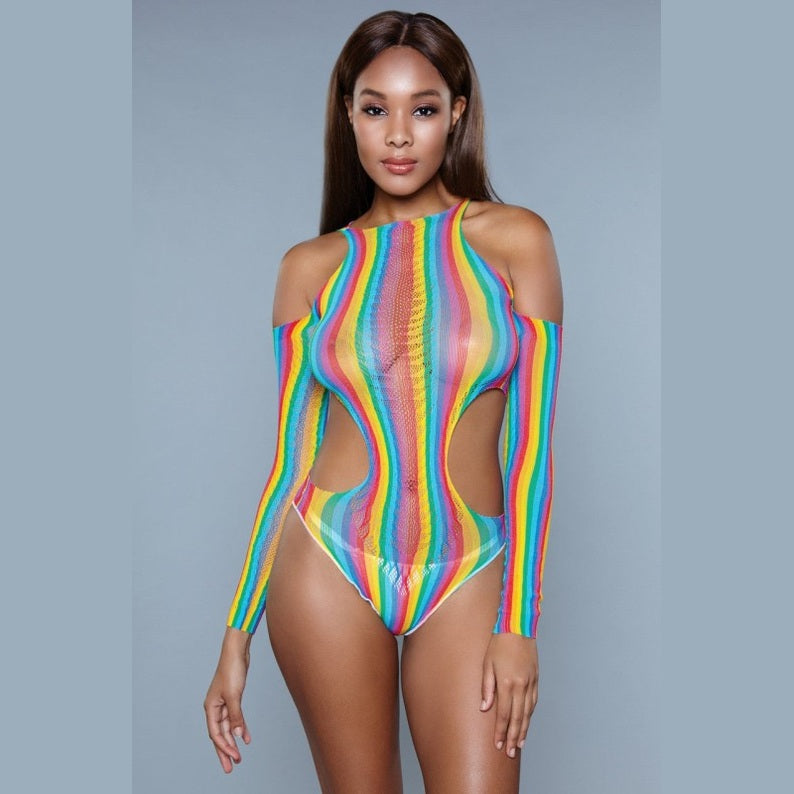 BE WICKED model wearing rainbow cutout bodysuit sheer striped mesh with long sleeves shoulder cutouts and high leg