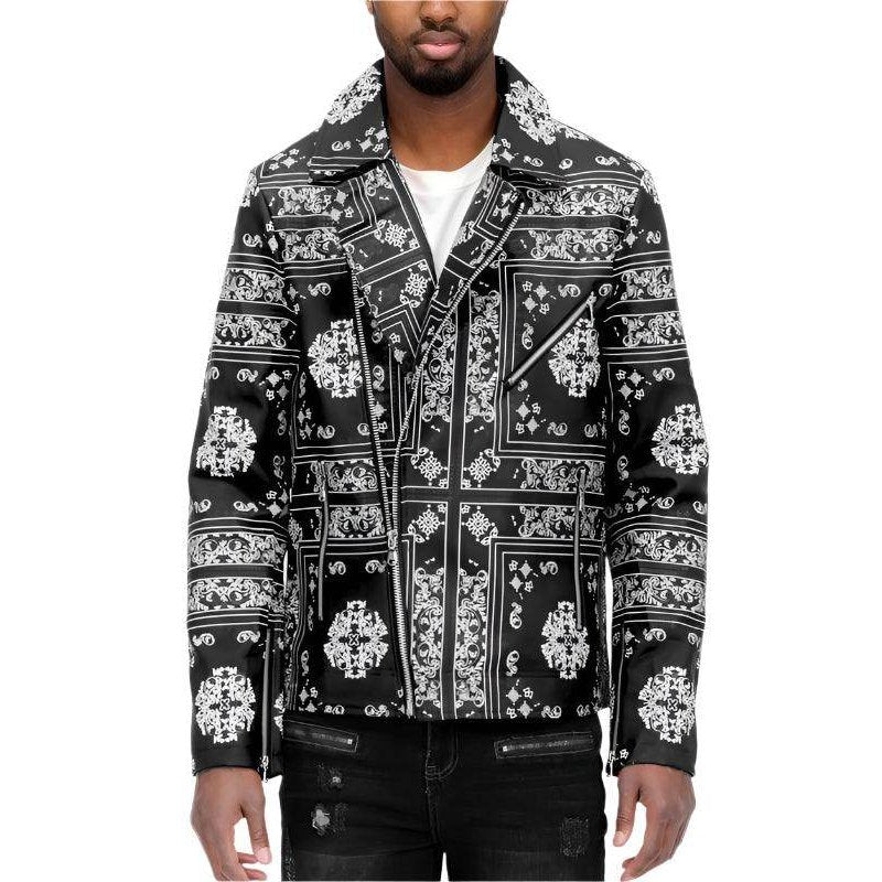 Men's WEIV faux leather bandana jacket with intricate black and white patterns