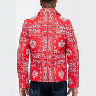 WEIV Men's Faux Leather Bandana Jacket in Red with Intricate Pattern Design