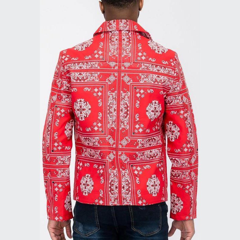 WEIV Men's Faux Leather Bandana Jacket in Red with Intricate Pattern Design