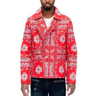 Men's WEIV faux leather bandana jacket in red with intricate white paisley patterns
