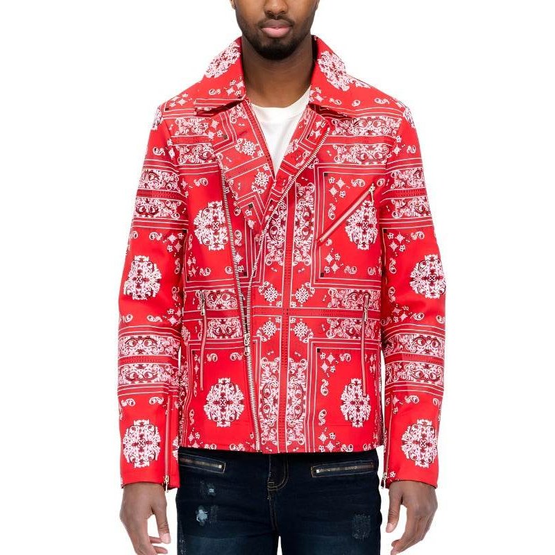 Men's WEIV faux leather bandana jacket in red with intricate white paisley patterns