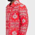 Men's red faux leather bandana jacket with intricate white patterns and stylish zippers