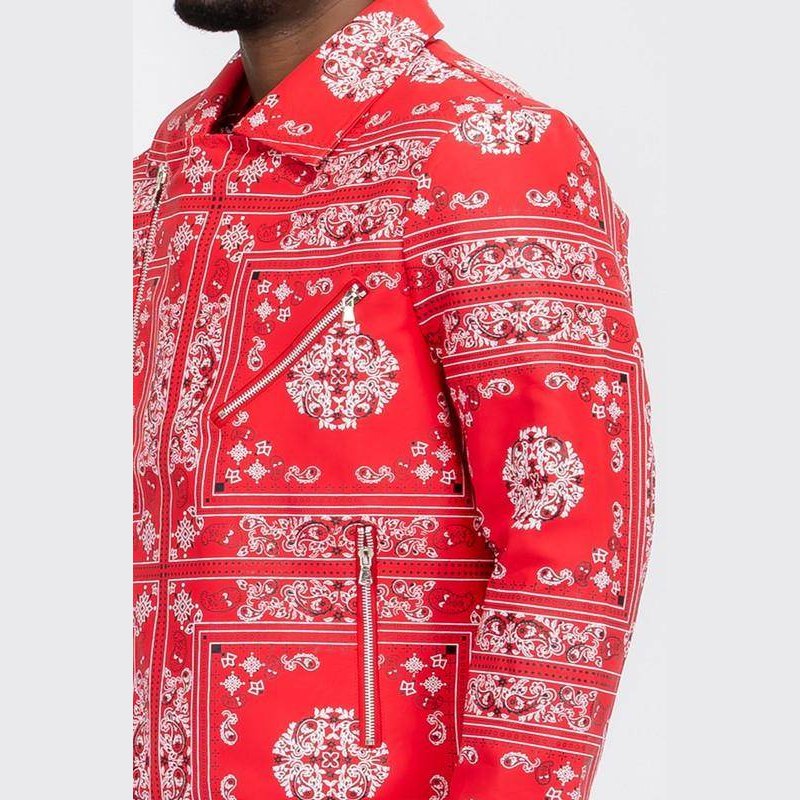 Men's red faux leather bandana jacket with intricate white patterns and stylish zippers