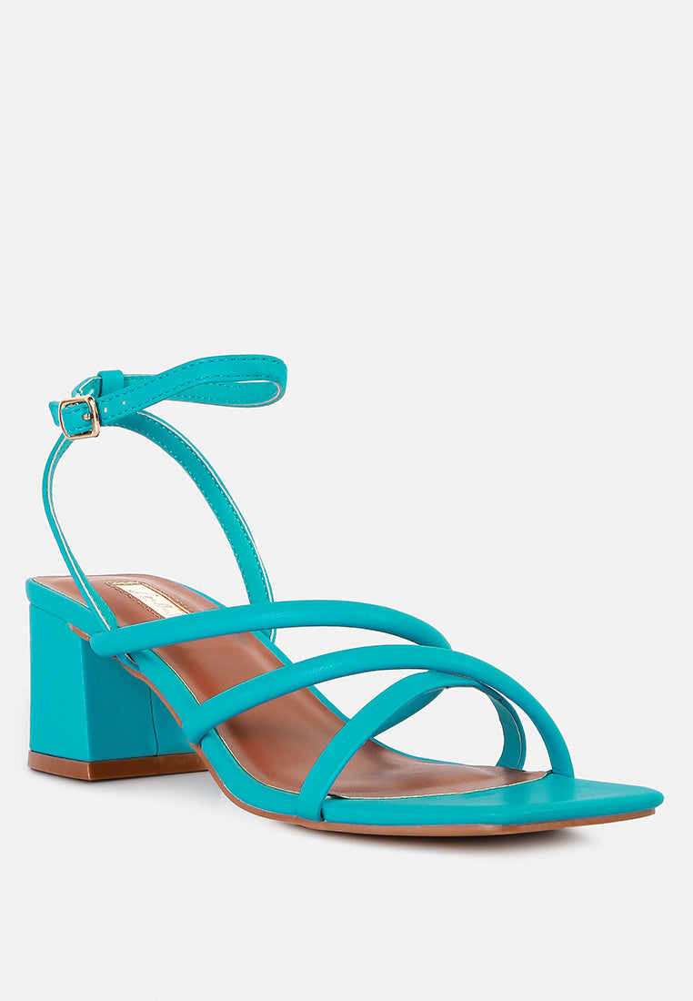 Turquoise faux leather block heel sandals with adjustable ankle strap for stylish comfort