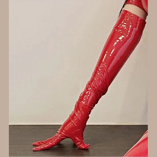 Shiny red thigh-high faux leather clubwear dress gloves with pointed fingers for a bold fashion statement