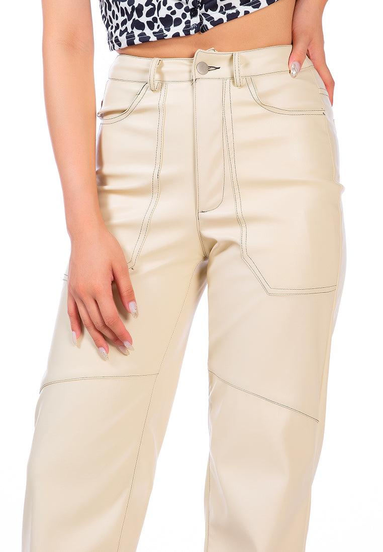 Women's Pants Faux Leather Contrast Stitch Panelled Pants