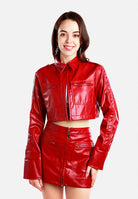 Red faux leather crop jacket for women with a stylish cropped design and front pockets